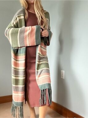 Mumu Fringe Knit Cardigan long, soft coral, mossy green, greyish taupe, & cream